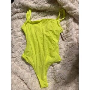 Skims Fits Everybody Square Neck Bodysuit in green highlighter, Size XSmall